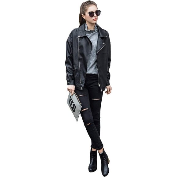 LY VAREY LIN Women Faux Leather Jacket Black Long Sleeve Lapel Collar Zip up - Picture 3 of 6
